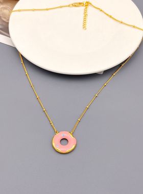 时尚滴釉甜甜圈吊坠项链黄铜镀18K真金简约可爱气质青岛饰品