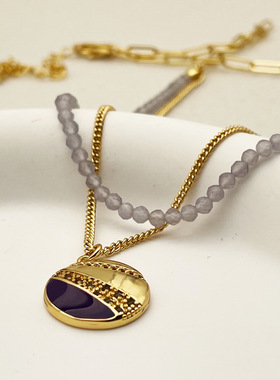 欧美小众简约复古ins风玻璃水晶串珠项链女圆吊坠叠戴颈链锁骨链