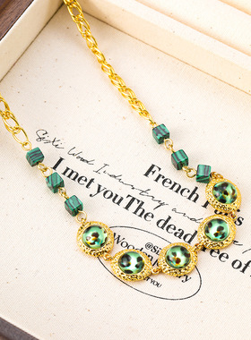 原创欧美复古豹纹玻璃方块孔雀石拼接链项链Vintage中古气质颈链