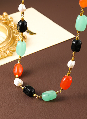 时尚彩色糖果天然石多巴胺项链手工串珠高级感淡水珍珠锁骨