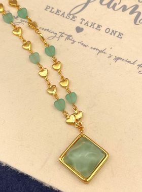 原创欧美复古果冻树脂吊坠镂空爱心绿玉石项链精致小众气质颈链