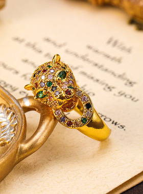 欧美重工豹子满镶彩色锆石戒指女中古轻奢高级感小众开口戒指