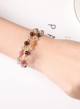 水晶手链女感正品天然碧玺多圈手串原创设计七彩手饰珠串礼物