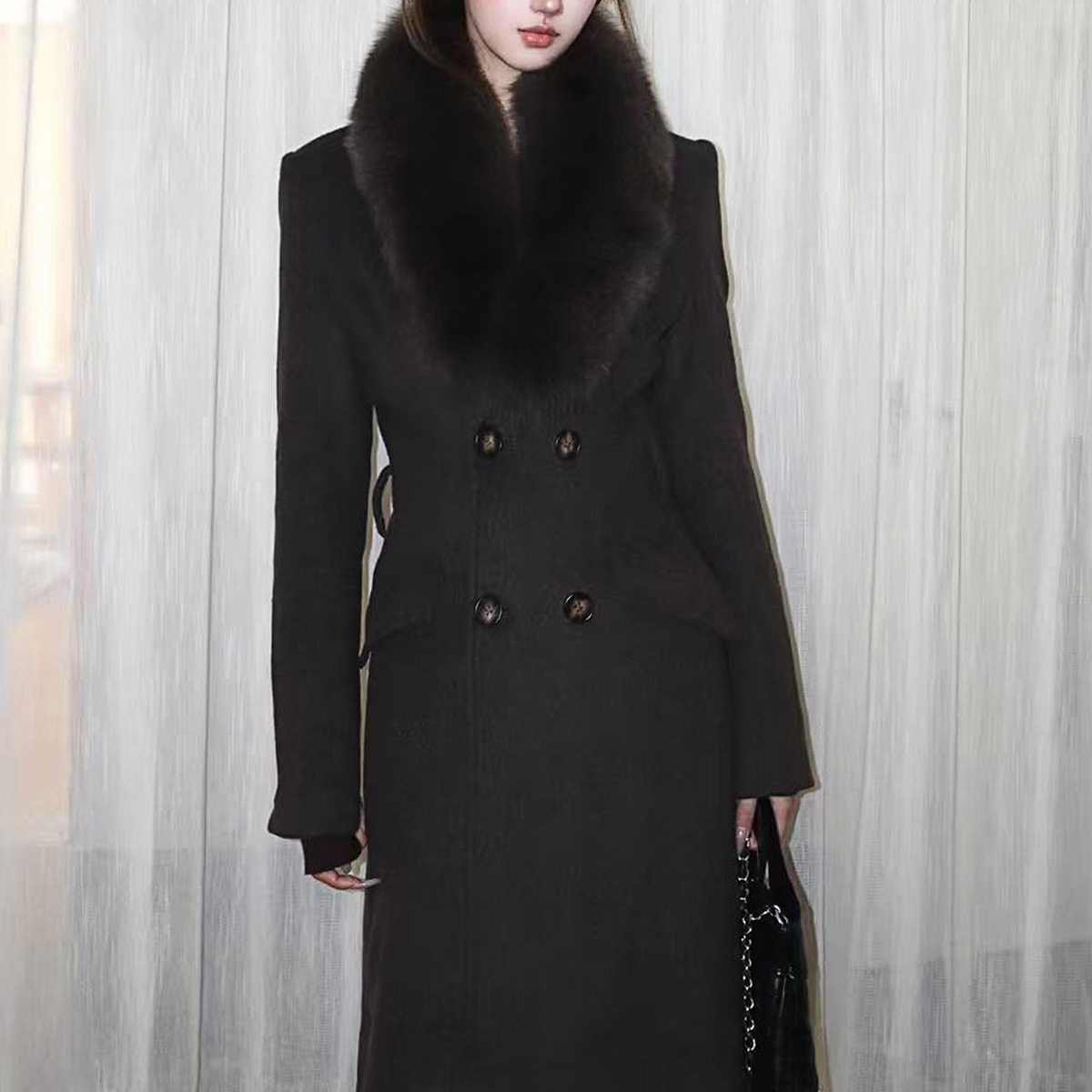 优雅韵味羊毛混纺可拆卸真狐狸毛领收腰正肩显瘦气质大衣毛呢外套,淘宝优惠券,粉丝福利购,淘宝优惠卷