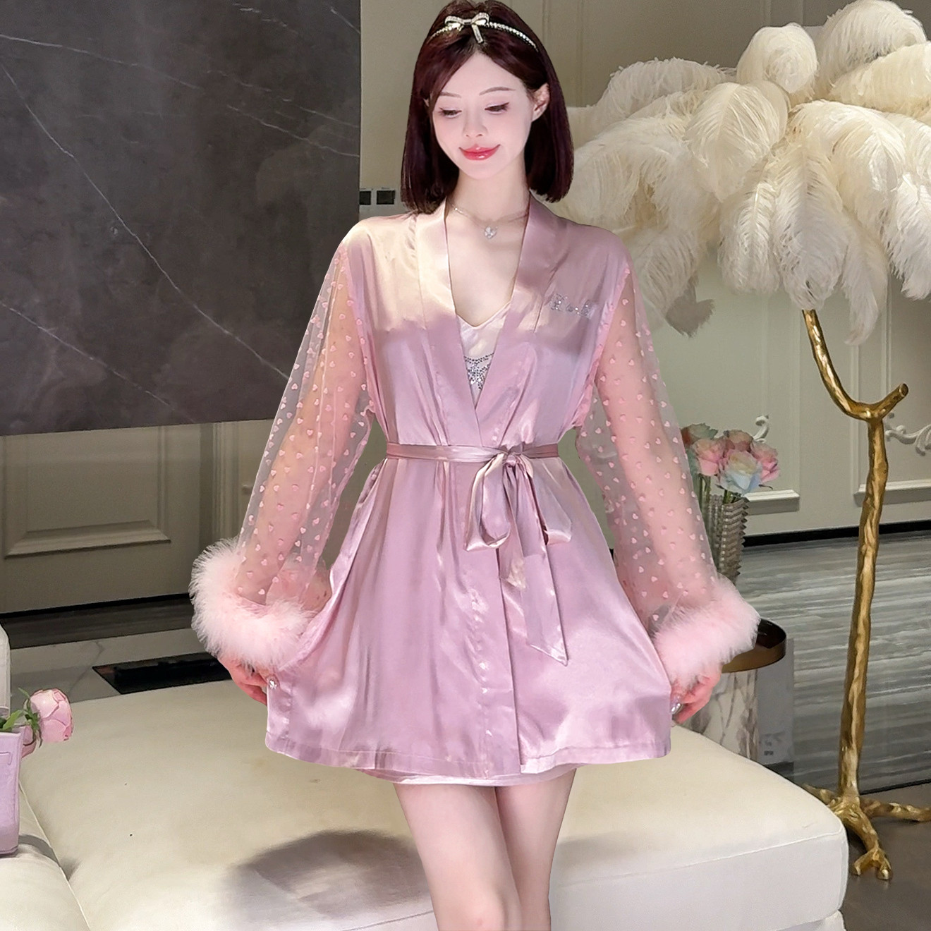 DIMDEVL汀黛25年秋冬新款睡衣女粉色纯欲爱心蕾丝拼接毛毛袖睡袍,淘宝优惠券,粉丝福利购,淘宝优惠卷