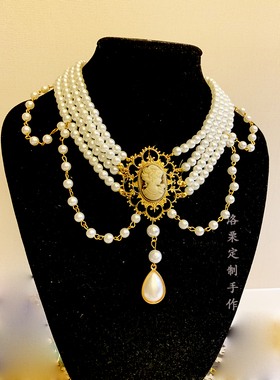 维多利亚风美人头像水晶珍珠项链