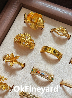 OkFineyard金色花朵戒指女士小众设计精致蝴蝶开口指环轻奢高级感