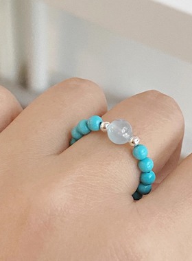 OkFineyard天然绿松石小米珠戒指女海蓝宝指环中国风好运串珠尾戒