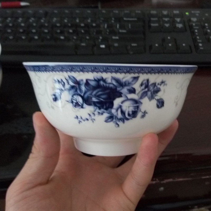 5寸碗家用10个景德镇陶瓷碗骨瓷高脚米饭碗青花瓷釉中彩碗具套装