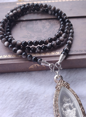 天然银曜石水晶佛牌项链子唐卡吊坠挂链原创设计纯银配饰泰国牌子