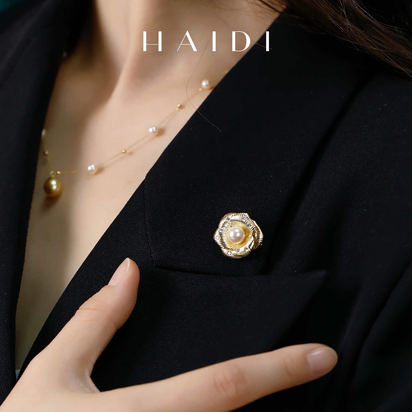 海蒂珠宝 心上玫瑰 6-7mm海水akoya浅金色珍珠胸针时尚送礼好物◇ - 图0