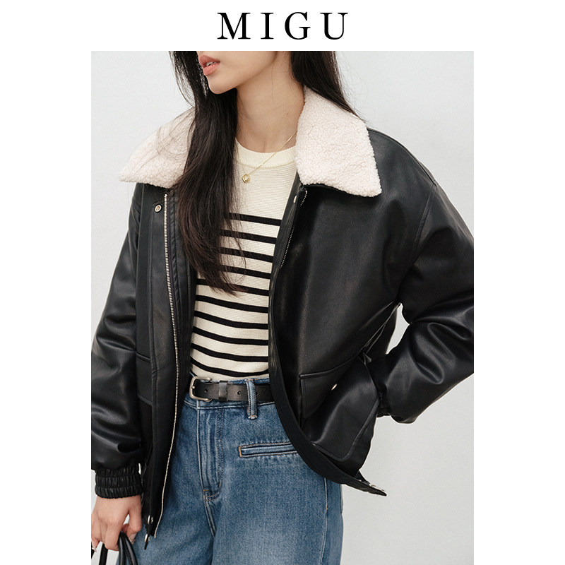 弥古黑色秋冬加厚夹棉皮毛一体外套女皮衣宽松短款时尚休闲机车服,淘宝优惠券,粉丝福利购,淘宝优惠卷