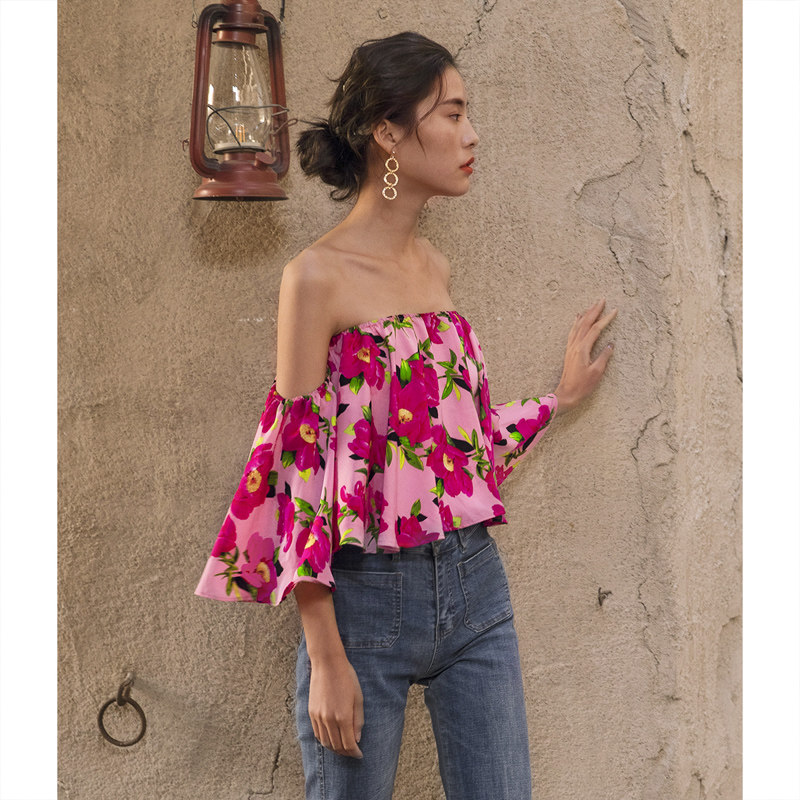 一字肩碎花抹胸女外穿夏高级感衬衣 弥古蕾丝衫/雪纺衫