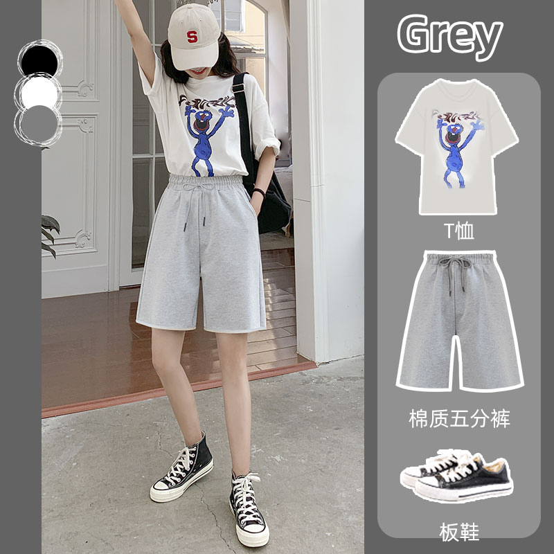 雅羊人旗舰店灰色运动短裤女夏宽松新款外穿高腰休闲夏季薄款黑色五分中裤0