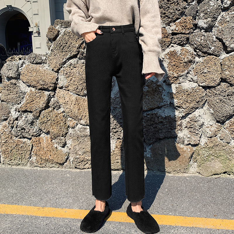 雅羊人旗舰店牛仔裤女裤子年新款春秋季宽松直筒修身高腰显瘦烟管黑色九分0