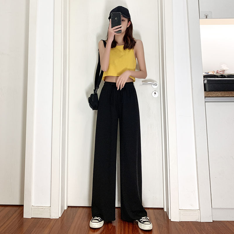 雅羊人旗舰店铜氨丝阔腿裤女裤高腰垂感夏季薄款宽松直筒冰丝坠感拖地黑色长裤2