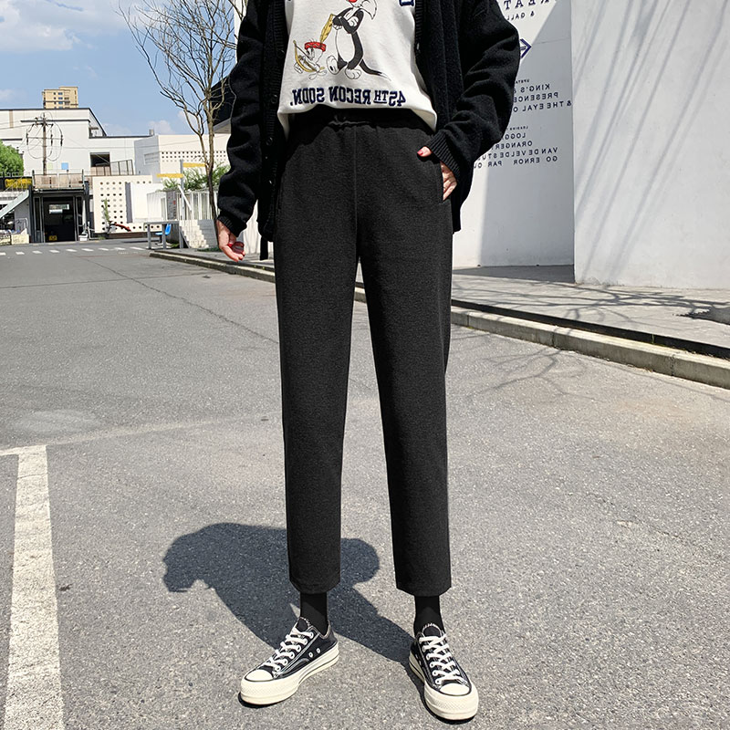 雅羊人旗舰店米白色毛呢哈伦裤子女春秋冬季高腰显瘦休闲九分萝卜小脚奶奶长裤0