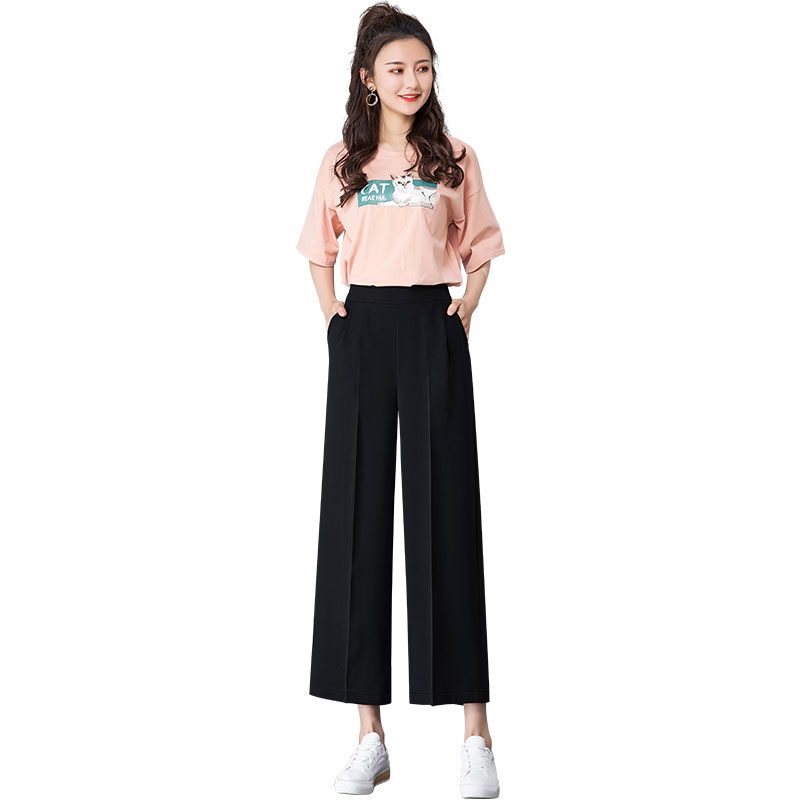 雅羊人旗舰店高腰垂感阔腿裤女裤子夏季薄款宽松直筒显瘦黑色九分雪纺西装休闲3