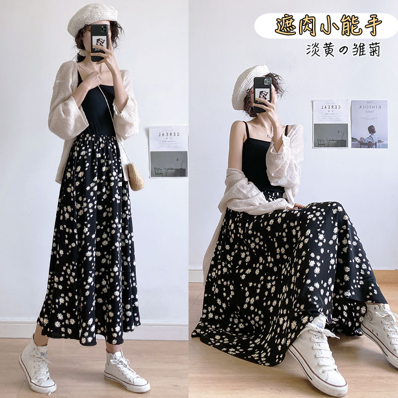雅羊人旗舰店小雏菊半身裙女夏季高腰a字显瘦黑色雪纺中长款大码胖mm碎花长裙0