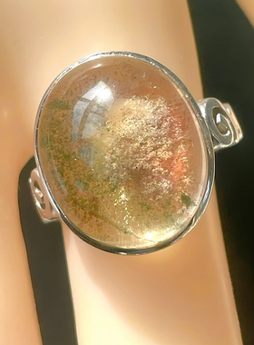 天然水晶戒指绿幽灵戒指巴西绿幽灵彩幽灵晶中山戒指手工银包礼物