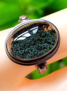 天然水晶戒指绿幽灵戒指巴西绿幽灵墨绿金沙净体半盆戒指手工银包