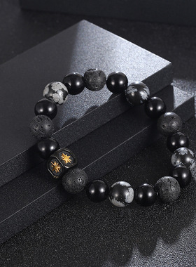 潮人百搭黑玛瑙雪花石黑色串珠手链男女百搭黑色芒星立体方块手环