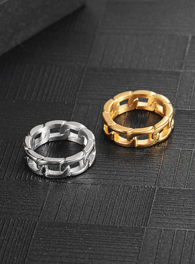 潮牌原创钛钢古巴链条戒指 街头百搭嘻哈男女指环简约手饰配饰品
