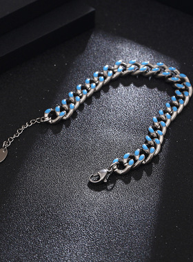 潮人百搭男女钛钢滴胶蓝色古巴手链 简约百搭不掉色嘻哈手环饰品