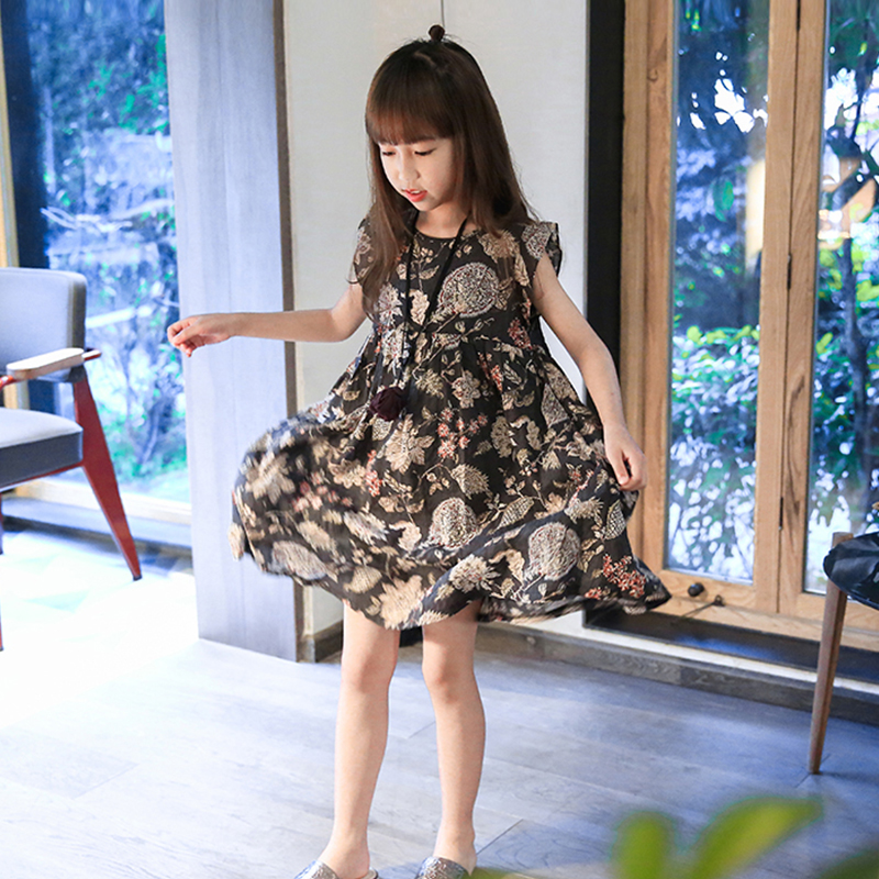 女童连衣裙薄款2024新款韩版中大童洋气时髦碎花棉麻透气裙子夏装