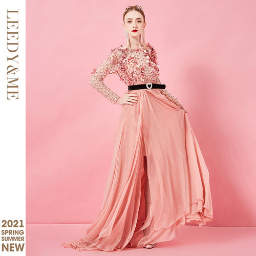 LEEDY＆ME粉甜美时尚订珠高开叉雪纺修身仙女长裙主持宴聚女 - 图0