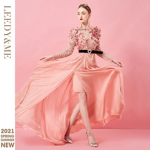 LEEDY＆ME粉甜美时尚订珠高开叉雪纺修身仙女长裙主持宴聚女 - 图1