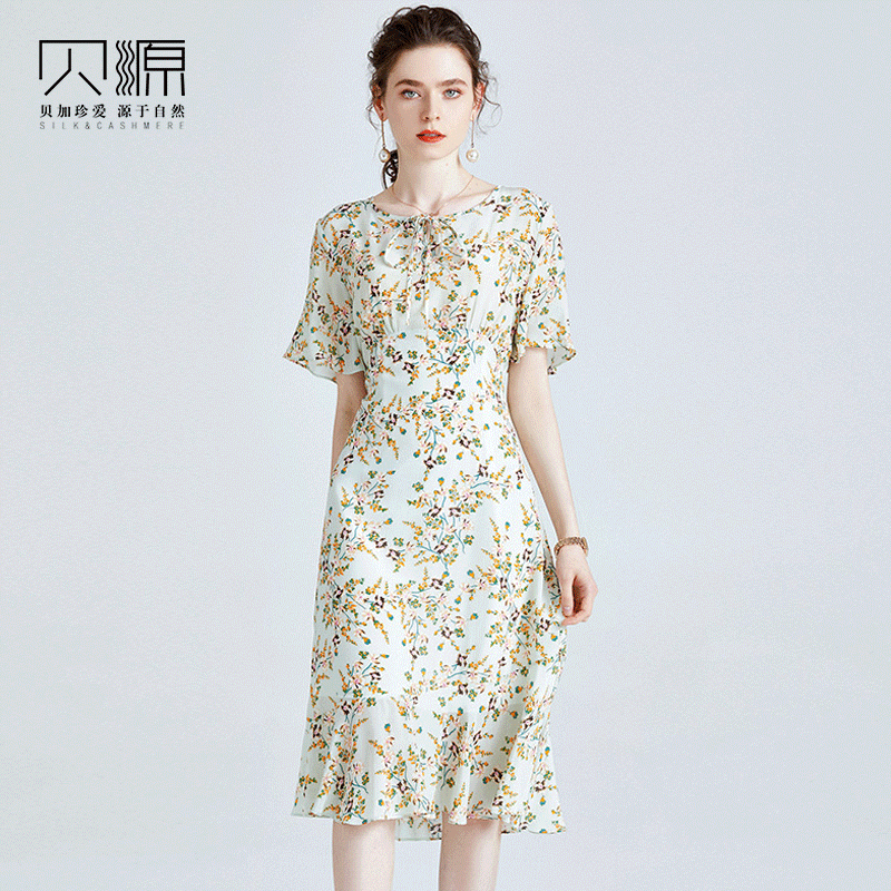 贝源2026新款法式小众真丝女裙中长款小清新短袖印花桑蚕丝连衣裙