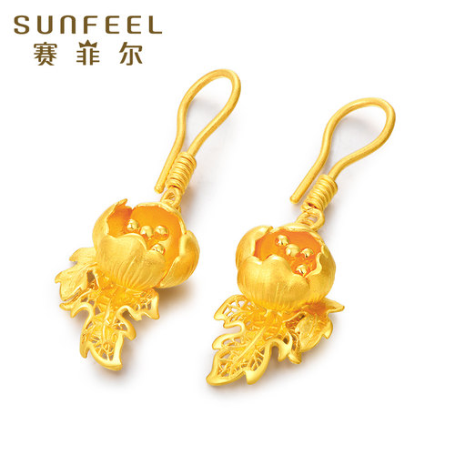 赛菲尔黄金耳环婚书系列足金999.9芳华绝代牡丹花耳吊婚庆女结婚 - 图3