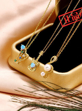 2020欧美风时尚潮人 9K金人造蓝澳宝乐器竖琴吊坠项链 锁骨链坠子