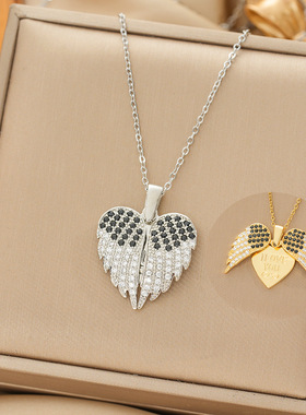 天使之翼钛钢项链女可打开两片翅膀心形镶钻创意款款送礼项链饰品