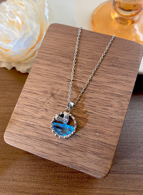 蓝色高级感海洋系列人鱼尾巴钛钢项链女小众少女感轻奢树脂锁骨链