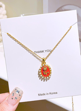 红色滴油玫瑰花珍珠项链女小众设计感轻奢锁骨时尚百搭情人节饰品