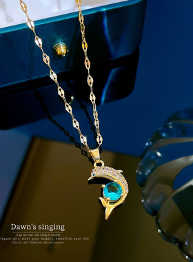 【钛钢】简约气质锆石海豚蓝色锁骨链小巧ins网红复古钛钢项链女