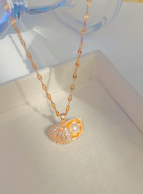 小红书爆款可打开珍珠贝壳项链女镶嵌锆石轻奢网红锁骨链气质饰品