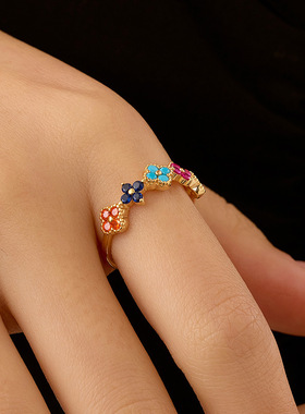 S925纯银复古彩色四叶草戒指女精