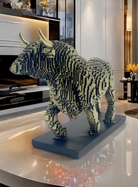现代轻奢乐高效果抽象牛摆件客厅电视柜酒柜书柜办公桌面装饰礼品