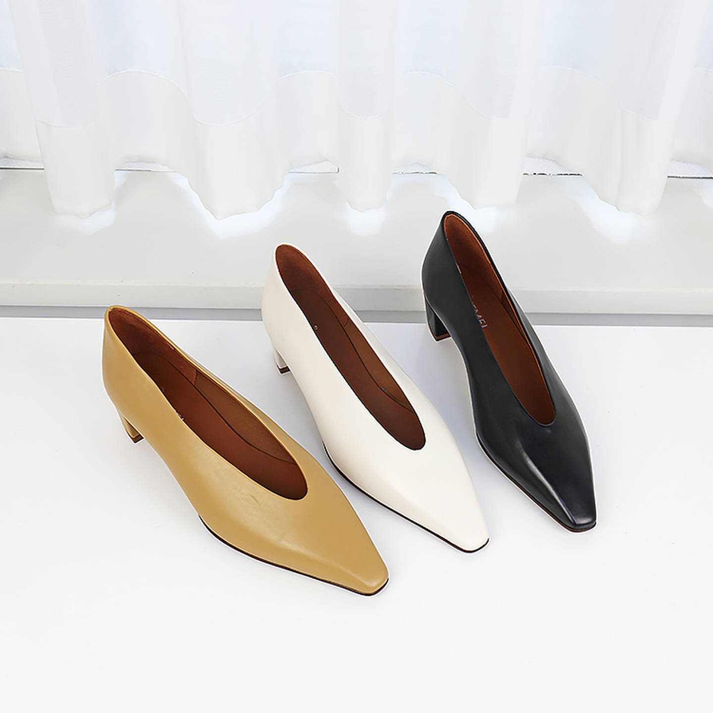 特价II可媚正品春款胎牛皮尖头粗中跟简约风甜美单鞋女KA24688-94 - 图0