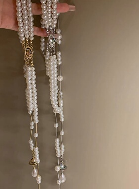 复古时髦轻奢气质珍珠多层流苏土星项链小众高级感不对称叠戴颈链