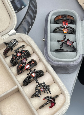 朋克暗黑风个性红钻开口戒指无性别风辣妹叠戴小众设计独特食指戒