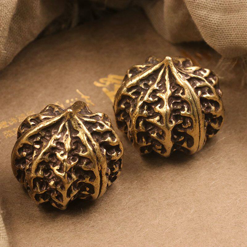 实心纯黄铜核桃手把件文玩健身球居家茶宠摆件手把件(1对200克) - 图0