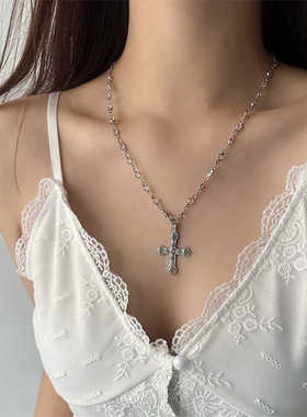 欧美复古ins风彩色锆石十字架吊坠项链女小众甜酷个性设计感配饰