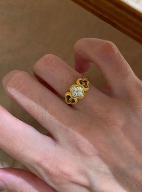 复古爆闪琥珀色四叶花戒指女欧美风气质高级感百搭精致开口食指戒