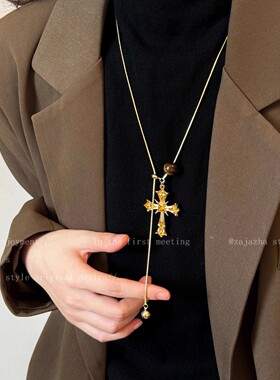 钛钢不掉色圆形十字架吊坠项链复古美拉德毛衣链时尚百搭饰品女高