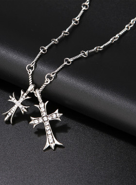 百搭双十字架项链个性潮款复古银镶钻十字架吊坠男女同款配饰项链