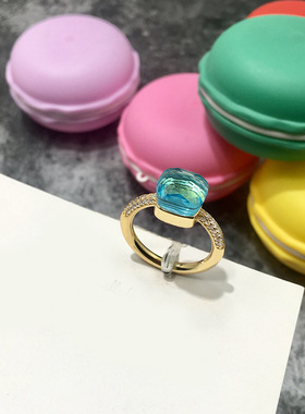 韩版不规则多切面宝石风伦敦蓝彩色水晶镶钻食指环祖母绿戒指男女